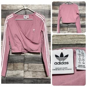 Adidas Originals Wrap Long Sleeve Crop Top Women’s L Pink Trefoil Logo 3 Stripe